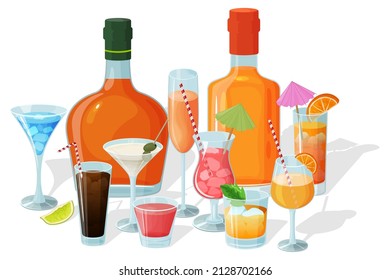 Bottles of alcohol and various cocktails.Alcoholic beverages in glasses and glasses.Daiquiri, martini, margarita, cosmopolitan, Long Island, blue lagoon and Pina colada.Vector illustration.