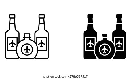Bottles of alcoholic beverages with airplane emblems line and solid vector icons