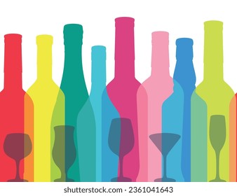 Bottles of alcoholic beverages flyer colorful with silhouettes of glasses and bottles arranged in line for advertising bar vector illustration