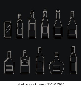 Bottles of alcoholic beverages thin line icons.