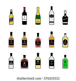 Bottles of alcoholic beverages. Vector colorful icons set