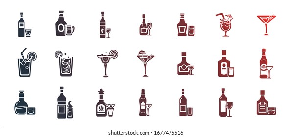 bottles of alcoholic drinks with glasses icon set with absinthe, Martini bottle