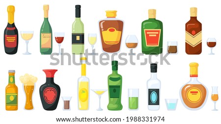Bottles of alcoholic drinks with glasses vector illustration set. Liquor, whisky, wine, foam beer, rum, water in bottles with labels isolated on white background. Alcohol, beverage concept