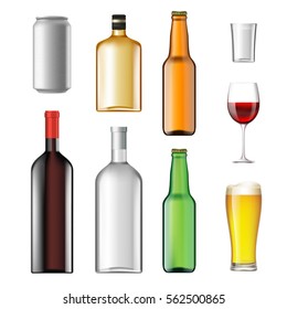 Bottles with alcoholic drinks isolated on white background. Stock vector illustration