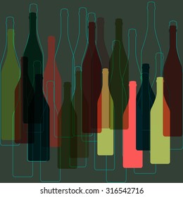 Bottles of alcohol.Wine bar menu background.Bottles silhouette .Template for menu card.