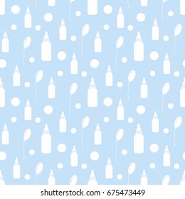 Bottles and balloons seamless pattern for newborns On a blue background