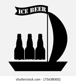 Bottles of beer with ice cubes on a sailing boat with a long flag, banner and sail. Vector illustration. Black silhouette.