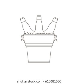 Bottles beer icon. Glass bottles with beer in a metal bucket with ice cubes on white background. Cold beer. Transparent and outline sketches. Isolated vector illustration.