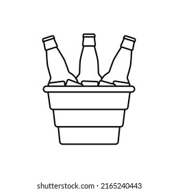 Bottles of beer in a metal bucket with ice cubes. Black and white vector illustration and icon on a white background. Outline and line style.