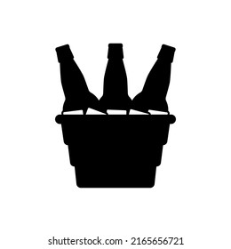 Bottles of beer in a metal bucket with ice cubes. Black silhouette. Illustration and icon on a white background. 