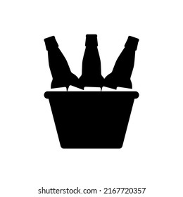 Bottles of beer in a metal bucket with ice cubes. Black silhouette. Illustration and icon on a white background. 