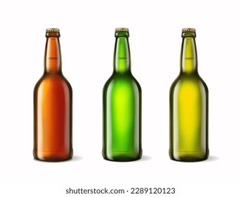 Bottles of beer on white background. Green, yellow, brown glass bottle for drink. Realistic vector set