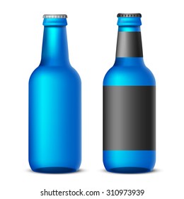 Bottles of beer template, black and blue colored - realistic vector illustration