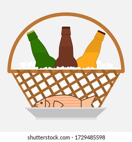 Bottles of beer in a wicker basket with ice cubes and fish on a plate. Vector illustration in flat style on white background. 