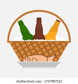 Bottles of beer in a wicker basket with ice cubes and fish on a plate. Vector illustration in flat style on white background. 