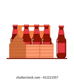 Bottles of beer in wooden crate. Vector flat illustration.