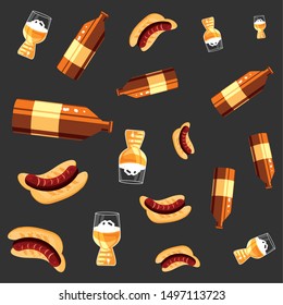 bottles beers and hot dog oktoberfest pattern background