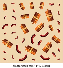 bottles beers and sausages oktoberfest pattern background