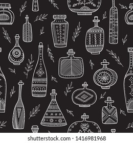 Bottles in boho style seamless pattern. Can be printed and used as wrapping paper, wallpaper, textile, fabric, etc. 