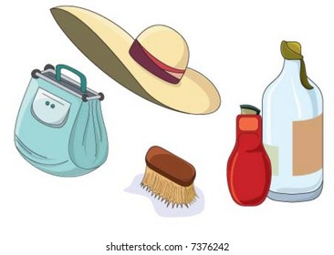 Bottles, brush, hat and bag