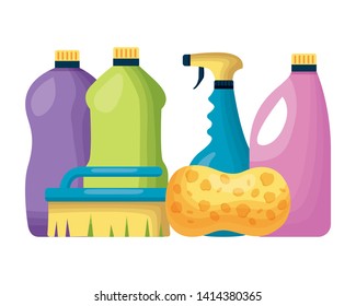 bottles brush sponge spring cleaning tools vector illustration
