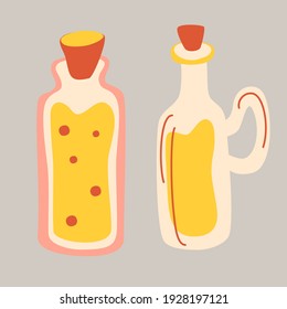 Bottles for butter or sauce hand draw style. Olive and coconut oils and butter, apple vinegar in bottles. Cartoon vector icons isolated.