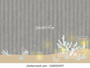 Bottles candle and bottle decorate with sea life hanging mobile on with wooden wallpaper vector background.