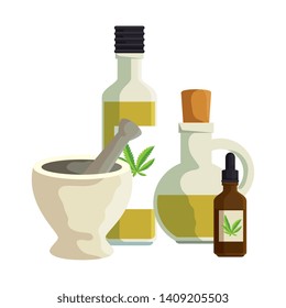 bottles with cannabis extract products and grinder