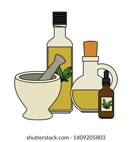 bottles with cannabis extract products and grinder