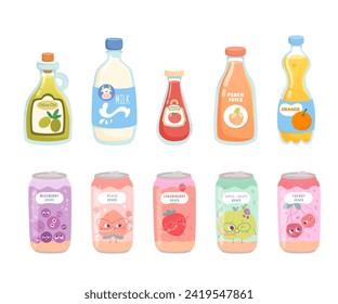 Botellas y latas de bebidas ilustradas en vectores planos aisladas en fondo blanco. Soda, zumos, cócteles de fruta, leche, aceite, ketchup en envases de vidrio y plástico y latas de aluminio.