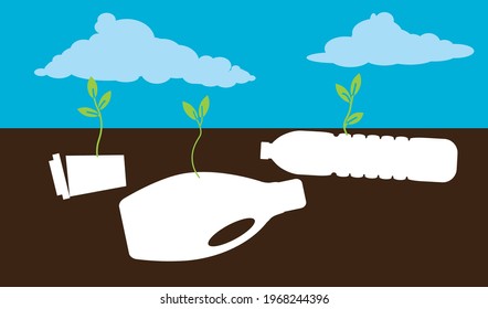 Bottles and cap made of a biodegradable plastic sprout from the ground, EPS 8 vector illustration