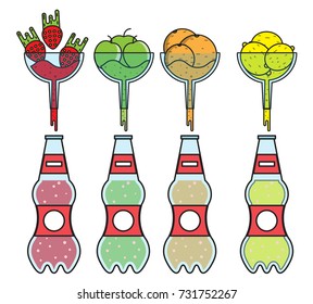 bottles with carbonated juice,apple, orange, lemon and strawberry in plastic bottles,vector image, flat design,outline style