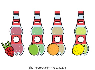 bottles with carbonated juice,apple, orange, lemon and strawberry in plastic bottles,vector image, flat design,outline style