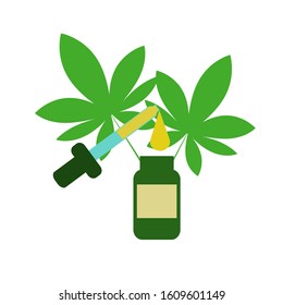 Bottles with CBD oil, THC tincture and hemp leaves  Cosmetics CBD oil. Vector flat concept illustration.