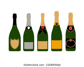 Bottles of champagne of different shapes and designs. Vector isolated on white background.