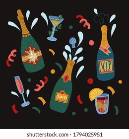Bottles of champagne and glasses isolated. Vector.