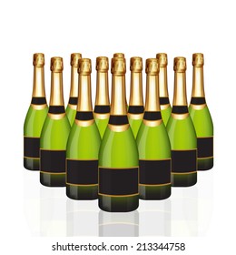 Bottles of Champagne in rows on white background,Vector illustration