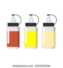 Botellas de salsa de chile, mostaza, mayonesa. botella de especias. botella de cobertura. tema de comida y bebida. tema de cocina. tarro de mermelada. saborizante. Ilustración vectorial.