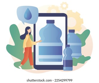 Botellas con agua limpia. Aplicación para smartphone con servicio de entrega de agua. Suministro, envío. Estilo moderno de dibujos animados planos. Ilustración del vector sobre fondo blanco