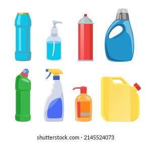 Frascos para productos de limpieza conjunto de ilustraciones vectoriales planas. Contenedores de plástico para detergente líquido para lavado, jabón, spray desinfectante, lejía aislada sobre fondo blanco. Higiene, concepto doméstico