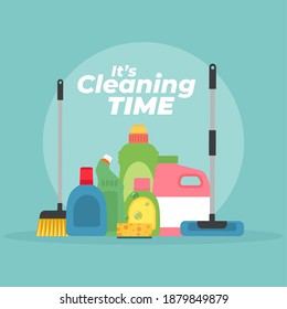 Bottles cleaning products cleaning time pruple background- Vector