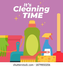 Bottles cleaning products cleaning time pruple background- Vector