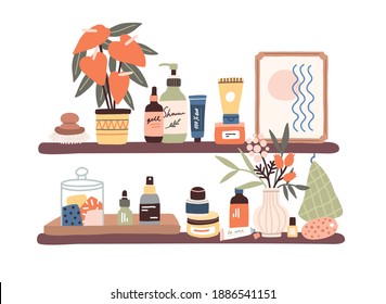 Bottles with cleansing and moisturizing cosmetics products on bathroom shelves. Cream tubes, shower gel, shampoo and other stuff for skin care. Flat vector illustration isolated on white background