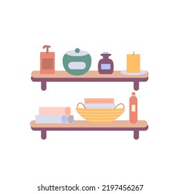 Bottles with cleansing and moisturizing cosmetics products on bathroom shelves. Flat vector illustration isolated on white background