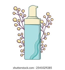 Bottles, Conditioner, shampoos, gels and creams for care. The concept of natural and organic cosmetics for hair and body care. Vector flat illustration in cartoon style.
