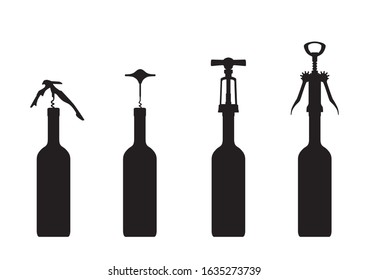 bottles and corkscrew on white background
