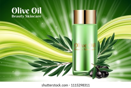 Bottles Cosmetic Golden Caps Luxury Moisturizing. Template Design Placard Banners Presentation Cover. Black Olive Branch on Shining Green Background. Vector 3d Illustration