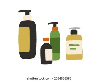 Botellas con productos cosméticos y esencias de belleza. Cosméticos para el cuerpo, el pelo, la piel y el cuidado facial. Viales con cápsulas de crema y jabón para el cuidado de la piel. Ilustración vectorial plana aislada en blanco