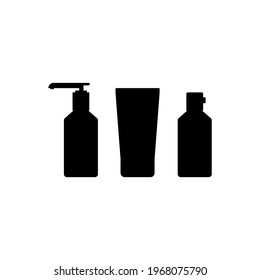 Bottles for cosmetics, black silhouette isolated on white background. Cream with dispenser and spray bottle. Three items. Vector illustration, flat minimal design, eps 10.
