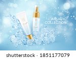 Bottles of cosmetics in icy transparent clear cubes in water crown splash isolated on blue transparent background. Vector illustration EPS10